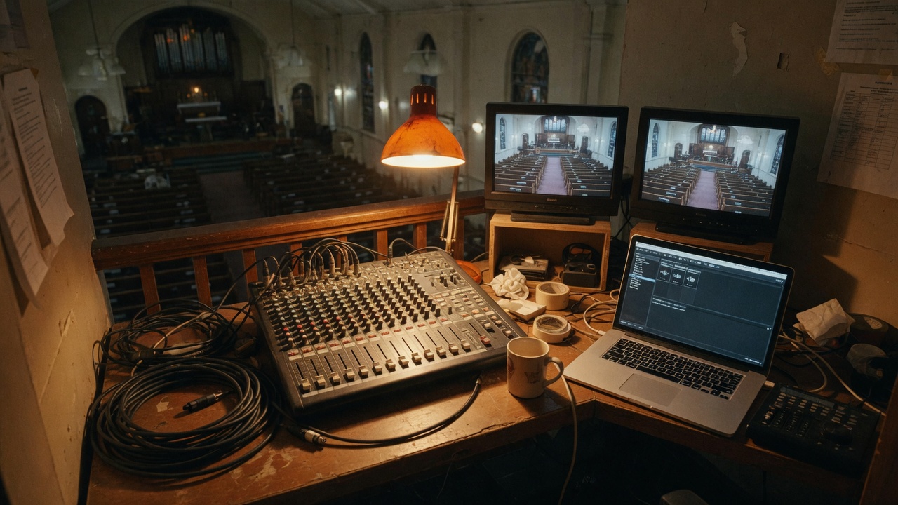 Control booth overlooking a sanctuary