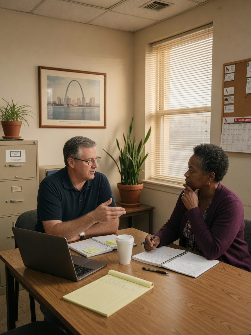 IT partner and small-business owner talking through a plan in a quiet office