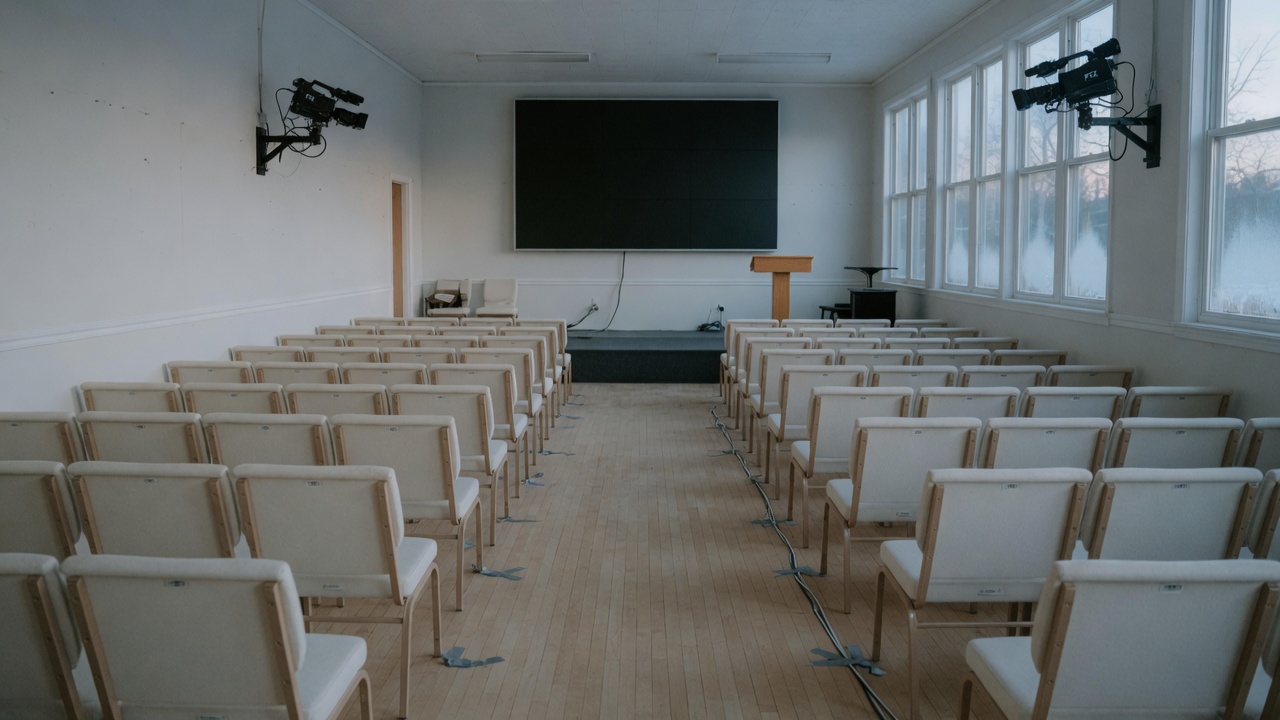 Small church sanctuary with cameras